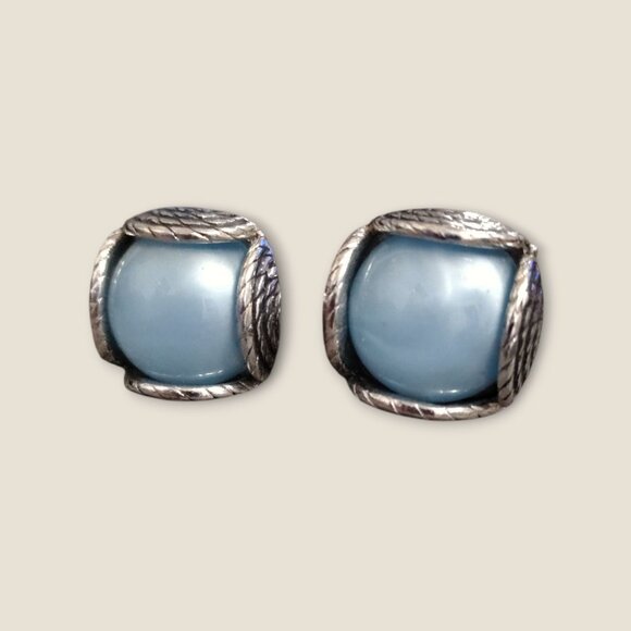 Vintage Silver Tone Cuff Links With Blue Cabochon Center & Textured Rope Detaili - Picture 3 of 7